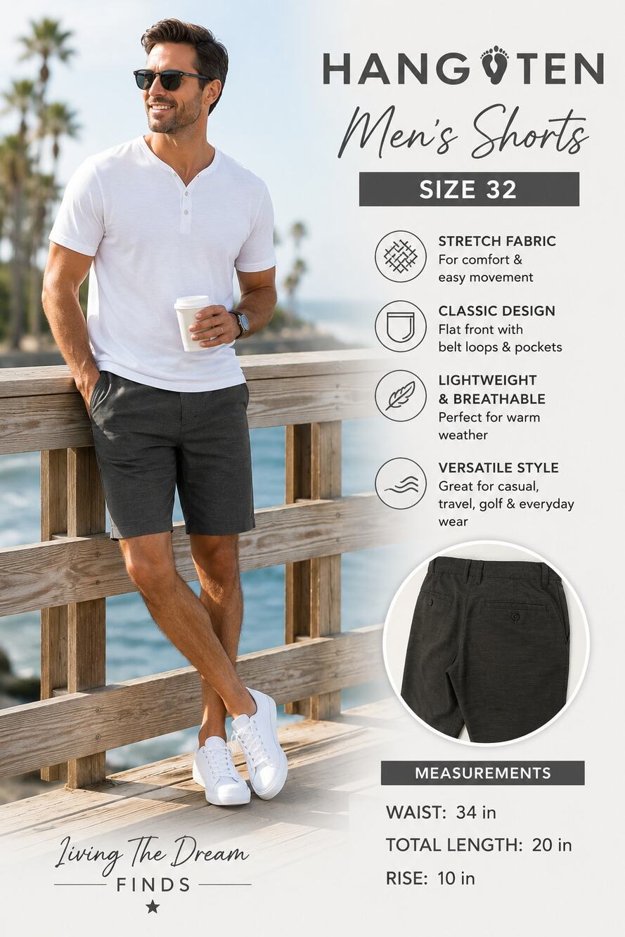 Hang Ten Men’s Shorts Size 32 Gray Stretch Flat Front Casual Walking Shorts